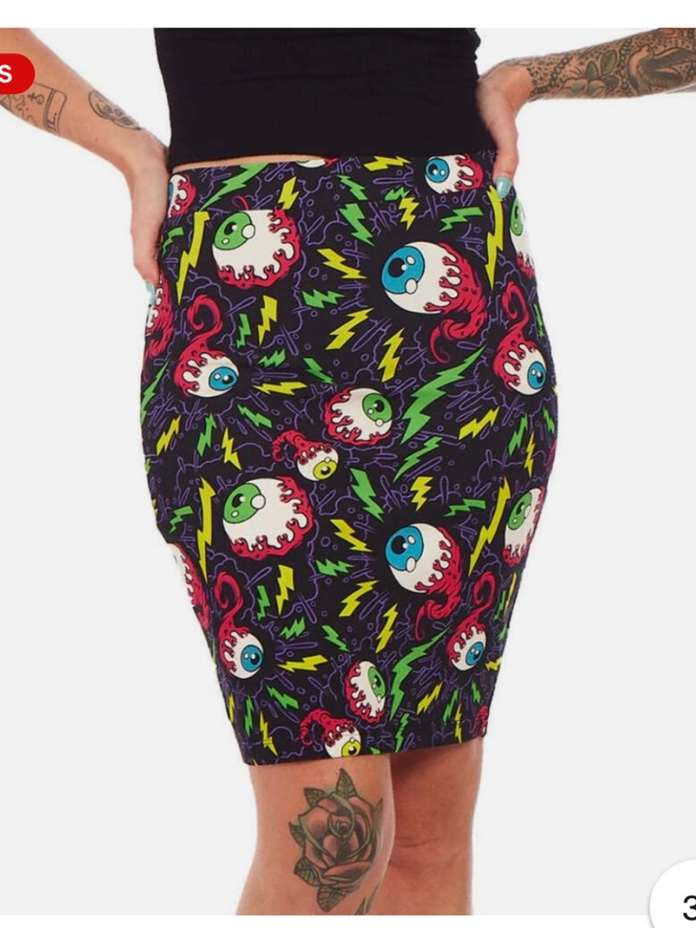 Sourpuss sold out Electric Eyeball Midi Skirt - Black with Neon Print size large